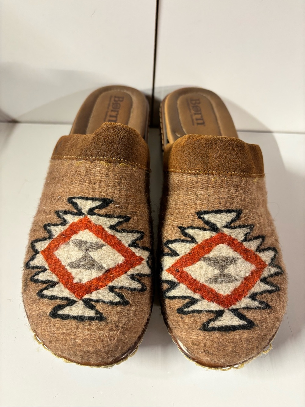 Born Southwestern Wool Slip-On Clogs in Brown, Orange & Cream